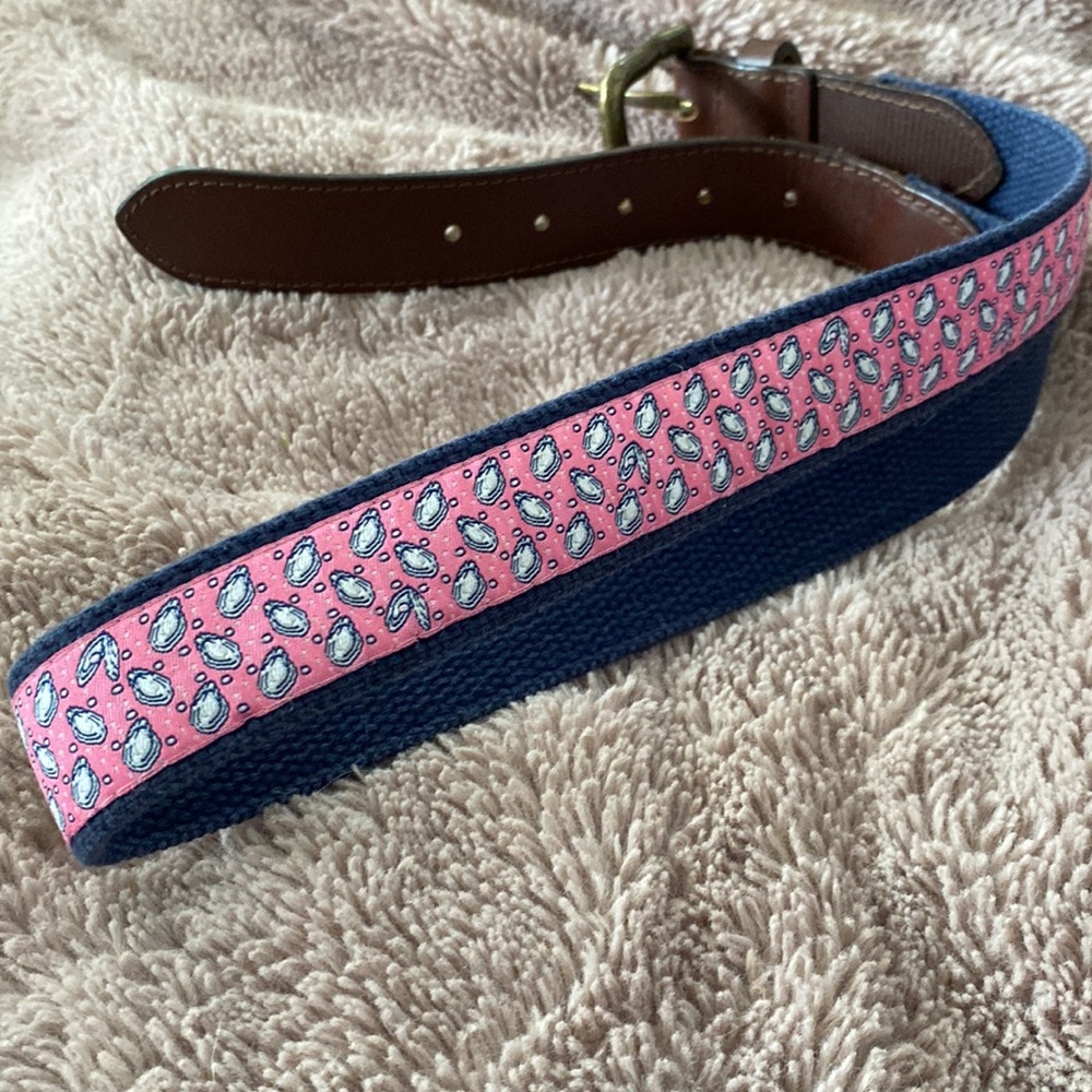 NOLA Couture Pink & Blue Canvas & Leather Belt with Oyster Shells & Brass Buckle